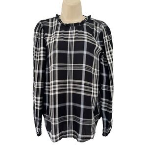Loft Women's Sz XXS  Black & White Plaid Tie Back Long Sleeve Peasant Blouse